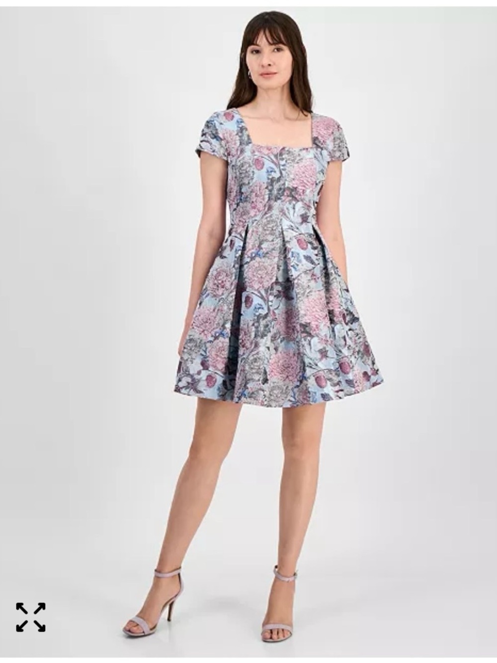 Tahari ASL Floral-Brocade color ice blue multi Square-Neck Fit& Flare Dress